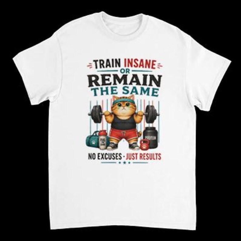 Funny Cat Weightlifting T-Shirt | Train Insane Gym Graphic Tee image 3