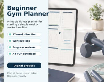 Beginner Gym Planner Printable, 12 Week Workout Journal, Fitness Tracker PDF