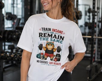 Funny Cat Weightlifting T-Shirt | Train Insane Gym Graphic Tee