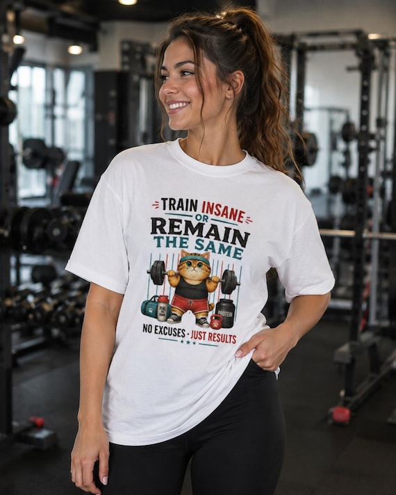 Funny Cat Weightlifting T-Shirt | Train Insane Gym Graphic Tee