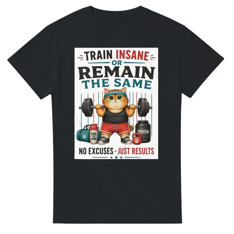 Funny Cat Weightlifting T-Shirt | Train Insane Gym Graphic Tee image 2