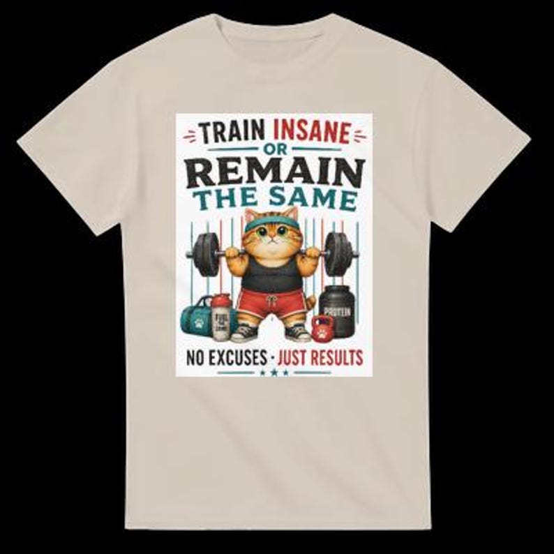 May include: A beige t-shirt featuring a graphic of an orange tabby cat wearing a headband, black tank top, and red shorts while lifting a barbell. The text reads: TRAIN INSANE OR REMAIN THE SAME, NO EXCUSES JUST RESULTS, with gym gear.