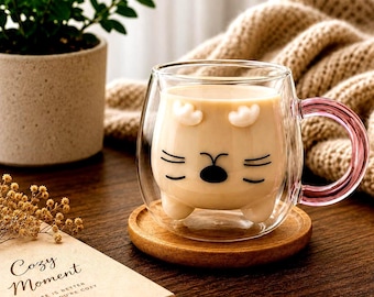 Double Wall Glass Cat Mug with Tail Handle | Insulated Coffee Tea Cup