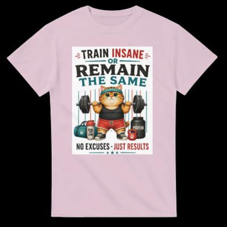 May include: A light pink t-shirt featuring a graphic of an orange tabby cat lifting a barbell. The cat wears a teal headband, black tank top, red shorts, and sneakers. Text reads: TRAIN INSANE OR REMAIN THE SAME, NO EXCUSES JUST RESULTS.