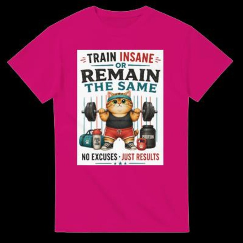 May include: A bright pink t-shirt featuring a graphic of an orange tabby cat lifting a barbell. The text reads: TRAIN INSANE OR REMAIN THE SAME and NO EXCUSES JUST RESULTS. The cat wears a headband, black tank top, red shorts, and sneakers.