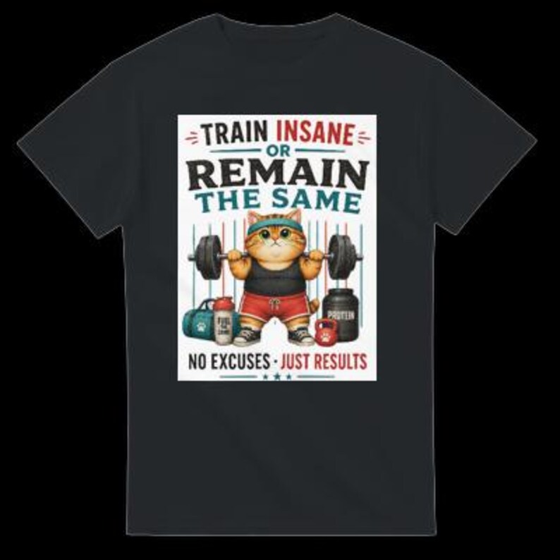 Funny Cat Weightlifting T-Shirt | Train Insane Gym Graphic Tee image 5