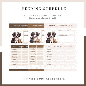 May include: A printable pet feeding schedule featuring a dog and two cats. The schedule includes spaces for the pet's name, special instructions, and a weekly feeding plan. The text "FEEDING SCHEDULE" is at the top.