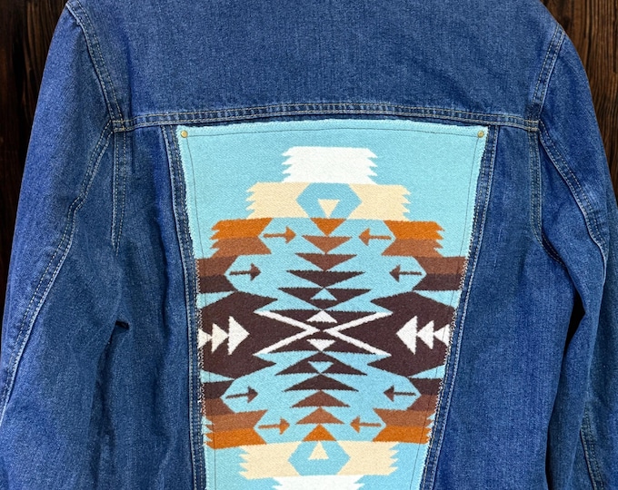 Upcycled Women's Denim Jacket with Southwestern Wool Accent – Size XL