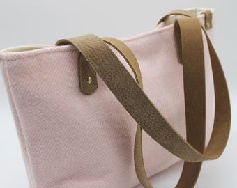 Handmade Soft Pink Wool Purse: Leather Straps, Brass Accents