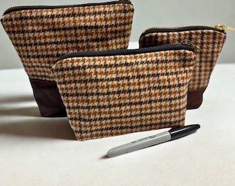 Brown Wool Tweed and Waxed Canvas Pouch and Makeup Bag