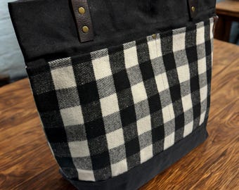 Rustic Waxed Canvas and Wool Plaid Market Tote Bag: Handmade Canvas Market Tote