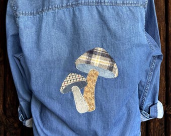 Upcycled Women's Shirt with Mushroom Applique, women's SMALL