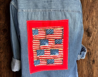 Upcycled 4th of July Denim Flag Women's Shirt Size Large