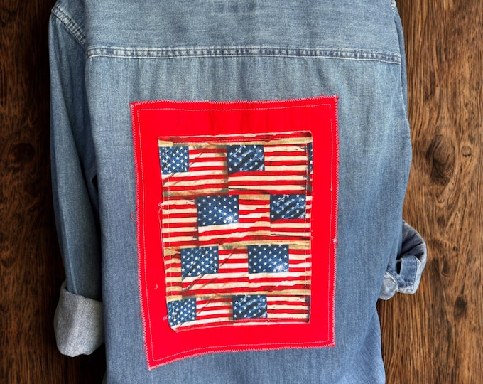 Upcycled 4th of July Denim Flag Women's Shirt Size Large