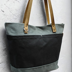 Back and Grey Handmade Waxed Canvas Market Tote Bag – Water-Resistant Tote with Leather Handles – Durable Everyday Carryall