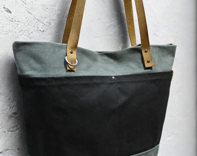 Waxed Canvas Market Tote Bag: Handmade Leather Handle Carryall