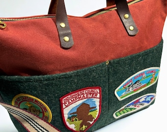 Vintage Red Scout Wool and Waxed Canvas Crossbody Tote – Leather Strap, Handmade Purse, Heirloom Collection
