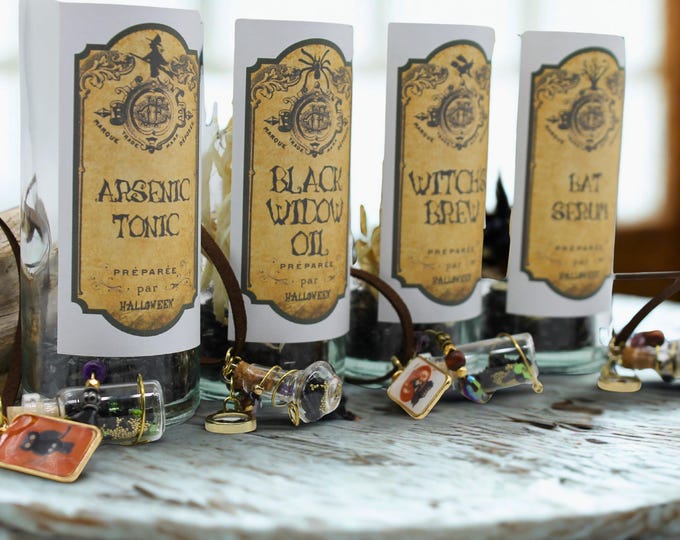 Halloween Potion Necklace Gift Set – Handmade necklace with Glass Bottle, Charm, Beads & Leather Strap