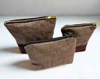 Brown Wool Houndstooth and Waxed Canvas Pouch and Makeup Bag