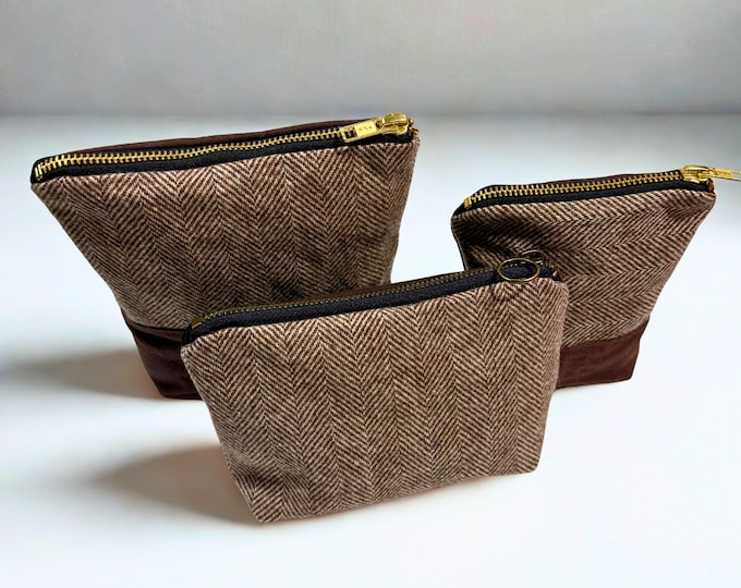 Brown Wool Houndstooth and Waxed Canvas Pouch and Makeup Bag