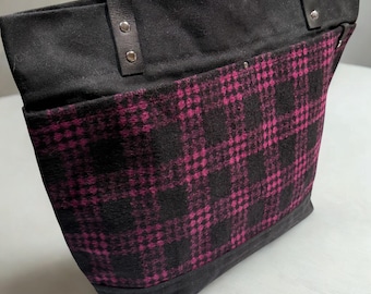 Rustic Waxed Canvas and Wool PINK Plaid Market Tote Bag: Handmade Canvas Market Tote