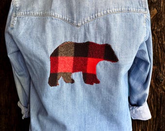 Upcycled Women's Shirt with Wool Bear Applique, women's MEDIUM