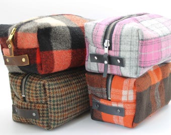 Handmade Plaid Wool Toiletry Bag: Waxed Canvas Dopp Kit