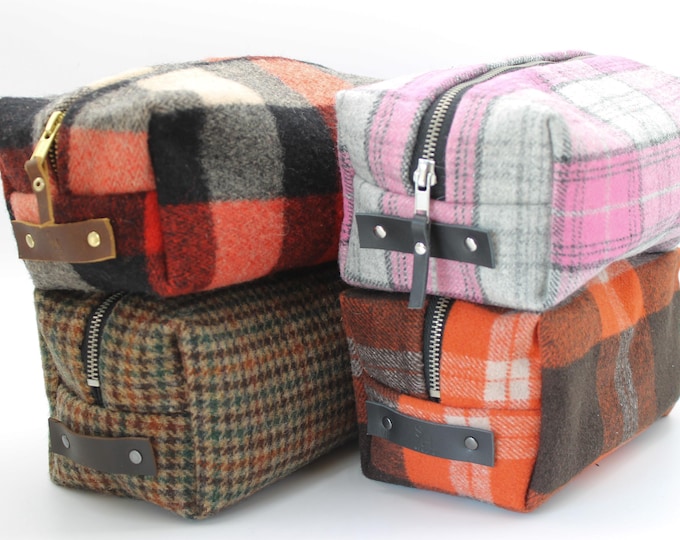 Handmade Plaid Wool Toiletry Bag: Waxed Canvas Dopp Kit