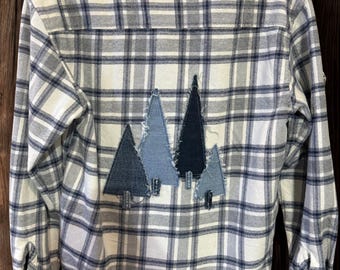 Upcycled Flannel Shirt with Denim Trees Appliqué, Sustainable Fashion, Men's Small