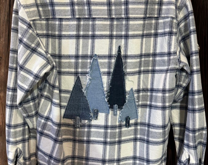 Upcycled Flannel Shirt with Denim Trees Appliqué, Sustainable Fashion, Men's Small