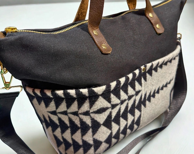 Black and White Handmade Waxed Canvas and Wool Crossbody Southwest Crossbody Purse