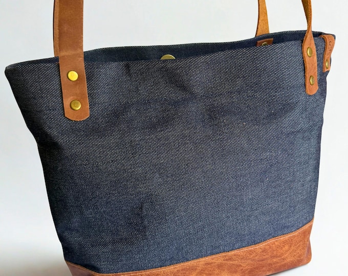 Denim and Leather Handbag with Leather Straps