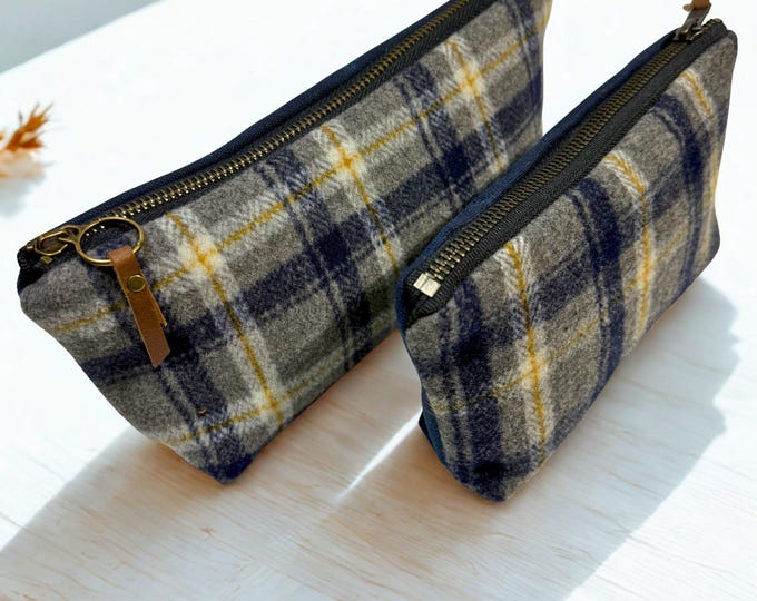 Blue and Gray Tweed Plaid Wool & Waxed Canvas Pouch – Makeup and Travel Bag