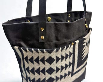 Black and White Wool and Waxed Canvas Southwest Print Market Handmade Market Tote Bag