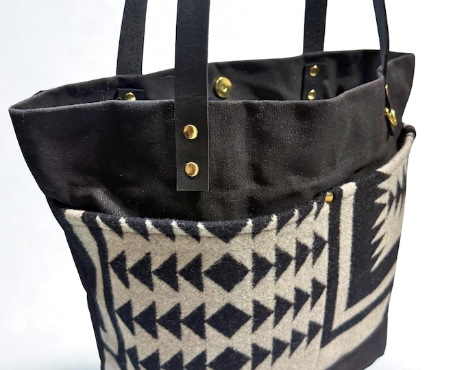 Black and White Wool and Waxed Canvas Southwest Print Market Handmade Market Tote Bag