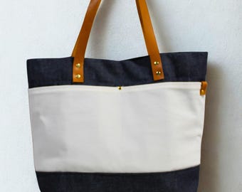 Denim and Canvas Large Market Tote Bag - Lisa Collection