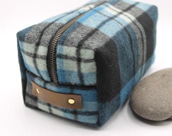 Teal Plaid Wool Toiletry Bag: Handmade Waxed Canvas Dopp Kit