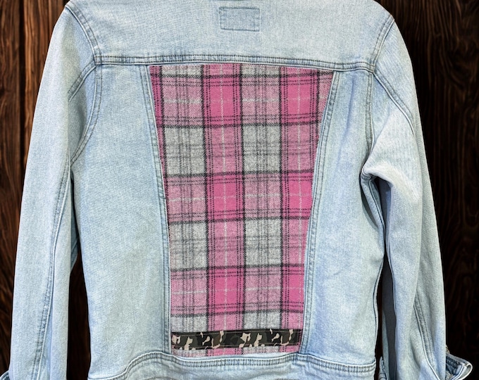 Upcycled Women's Denim Jacket with Pink Plaid Wool Accent – Size M