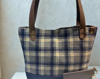 Blue and Gray Wool Tweed Plaid Handbag with Waxed Canvas & Leather Straps