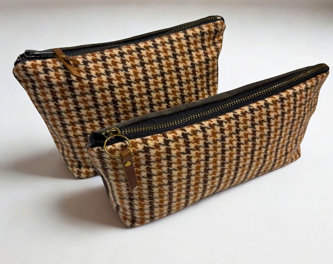 Houndstooth Tweed Brown Wool and Waxed Canvas Makeup Bag and Travel Pouch