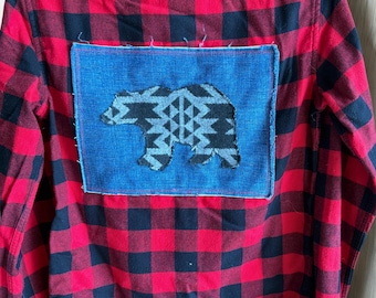 Upcycled Women’s Red Plaid Flannel Bear Campfire Shirt – Bear Appliqué – SMALL