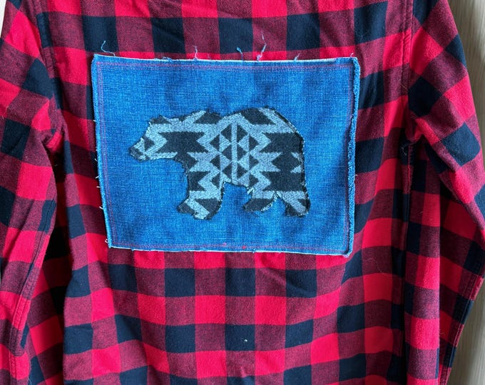 Upcycled Women’s Red Plaid Flannel Bear Campfire Shirt – Bear Appliqué – SMALL