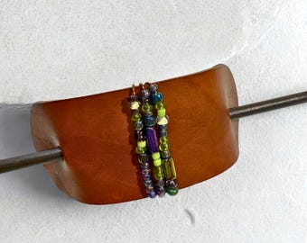 Boho Purple Beaded Leather Hair Pin, Stylish Bun Holder