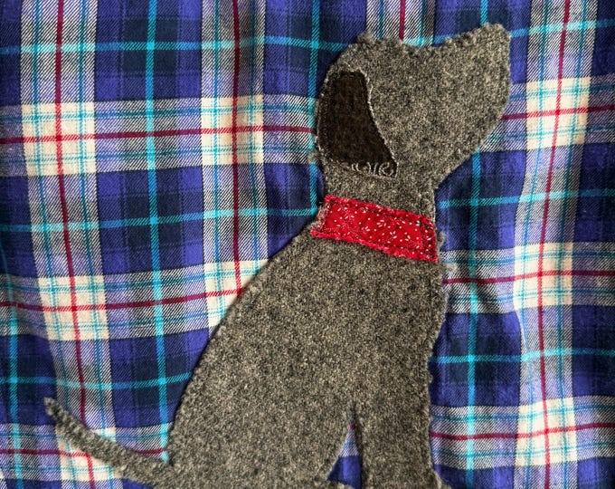 Upcycled Women’s Flannel Campfire Shirt – Puppy Appliqué – XL Tall