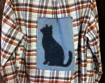 Upcycled Flannel Shirt with Denim Cat Appliqué, Sustainable Fashion, Men's Large