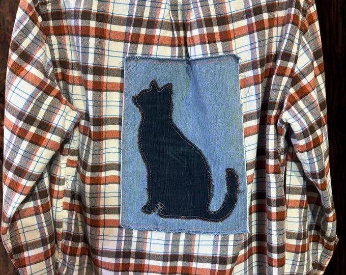 Upcycled Flannel Shirt with Denim Cat Appliqué, Sustainable Fashion, Men's Large
