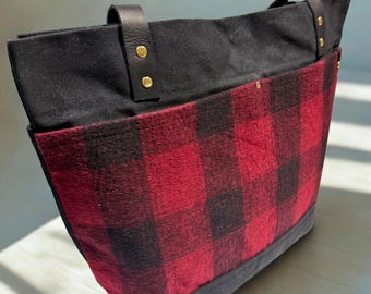 Rustic Waxed Canvas and Wool RED Plaid Market Tote Bag: Handmade Canvas Market Tote