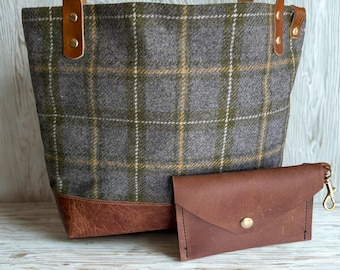Gray and Green Wool Tweed Plaid Handbag with Leather Straps