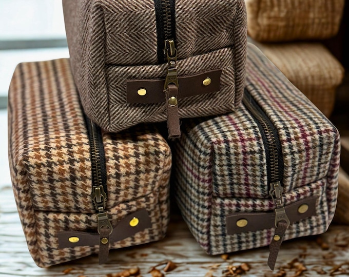 Wool Tweed Toiletry Bag: Handmade Waxed Canvas travel Kit