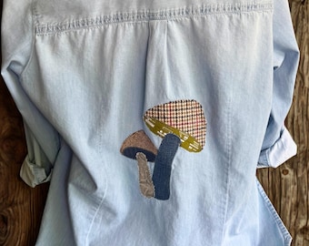 Upcycled Women's Shirt with Mushroom Applique, women's 1X